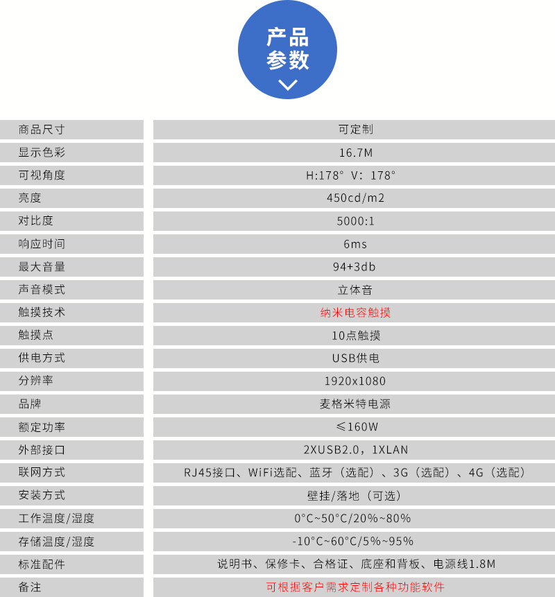 高清壁挂智能广告机产品参数